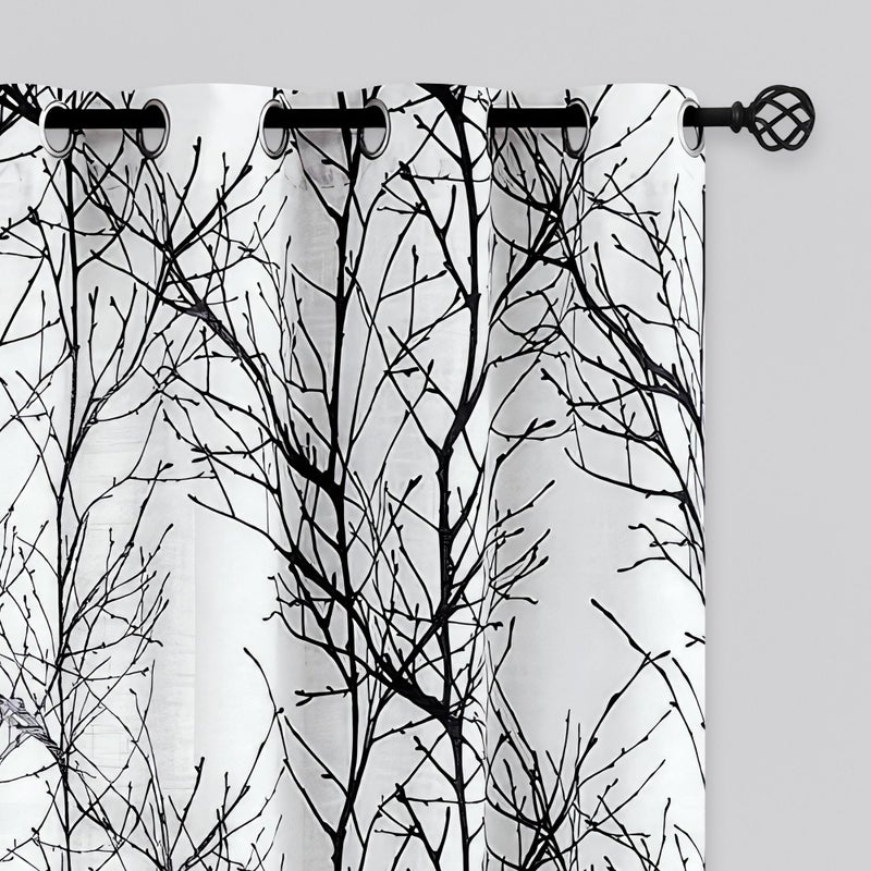 FMFUNCTEX Linen Semi Sheer Curtains for Bedroom, Black White Curtains 72 Inches Long for Living Room, Grey Tree Branch Patterned Curtain Light Filtering Farmhouse Window Drapes, Grommet Top 2 Panels - Image 1